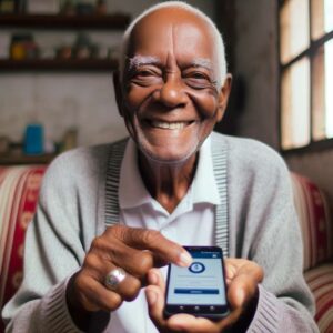 Pessoa feliz utilizando o aplicativo do banco BV em um ambiente de escritório moderno e aconchegante.