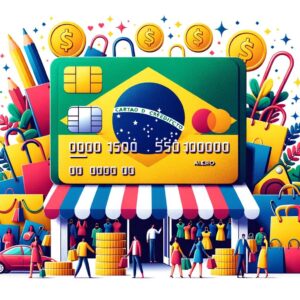 Imagem otimista e colorida de um cartão de crédito de loja, rodeado por sacolas de compras e um cenário de shopping brasileiro, simbolizando compras inteligentes e felizes no Brasil.