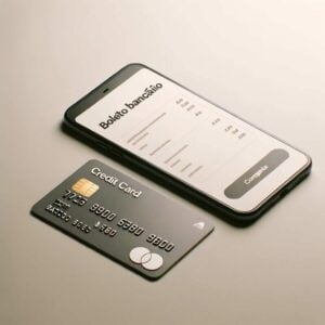 Cartão de crédito e boleto bancário com smartphone exibindo aplicativo de pagamento.